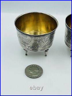 Antique Pair Coin Silver Japonesque Audubon Aesthetic Master Salt Cellars
