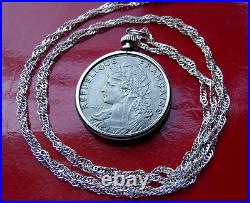 Antique Real French Parisian Maiden Coin Pendant on a 30 925 Silver Wavy Chain
