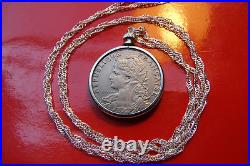 Antique Real French Parisian Maiden Coin Pendant on a 30 925 Silver Wavy Chain