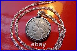 Antique Real French Parisian Maiden Coin Pendant on a 30 925 Silver Wavy Chain