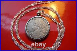 Antique Real French Parisian Maiden Coin Pendant on a 30 925 Silver Wavy Chain