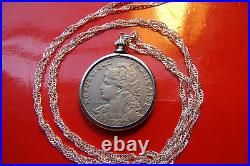 Antique Real French Parisian Maiden Coin Pendant on a 30 925 Silver Wavy Chain