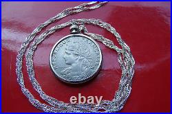 Antique Real French Parisian Maiden Coin Pendant on a 30 925 Silver Wavy Chain