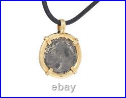 Antique Silver Coin Necklace in 18k Yellow Gold with 15'' Rubber Cord