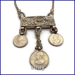 Antique Silver Mixed Metal Rectangle Prayer Box 3 Ethiopian Coins Necklace
