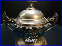 Antique Silver Plate & Blue Coin Dot Glass Sugar Bowl with Tongs & (10) Spoons VG