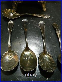 Antique Silver Plate & Blue Coin Dot Glass Sugar Bowl with Tongs & (10) Spoons VG