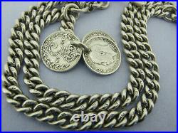 Antique Solid Silver Double Albert Watch Chain & 3 Coin Fobs Bir 1917 16 & ½