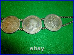 Antique Sterling Silver Coin Charm Bracelet Francs French 7