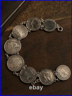 Antique Victorian Love Token Bracelet With Silver Dime Coins 1889 Canada, USA