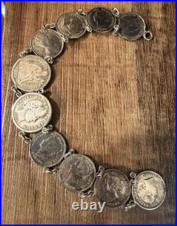 Antique Victorian Love Token Bracelet With Silver Dime Coins 1889 Canada, USA