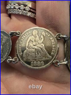 Antique Victorian Love Token Bracelet With Silver Dime Coins 1889 Canada, USA
