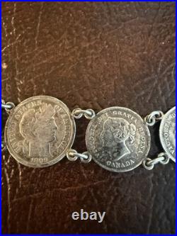 Antique Victorian Love Token Bracelet With Silver Dime Coins 1889 Canada, USA