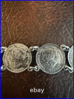 Antique Victorian Love Token Bracelet With Silver Dime Coins 1889 Canada, USA