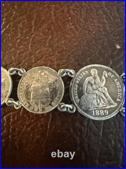 Antique Victorian Love Token Bracelet With Silver Dime Coins 1889 Canada, USA