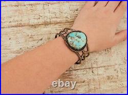 Antique Vintage Native Navajo Sterling Coin Silver Turquoise Mens Cuff Bracelet