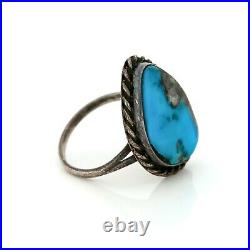 Antique Vintage Sterling Coin Silver Native Navajo Basalt Turquoise Ring S 7.5