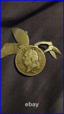 Antique de France Coin Pocket Knife Coin made Of Silver From 1817 Cut In Half