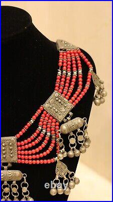 Antique museum Yemenite Tibetan silver Necklace coral Bead's Tribal with coin