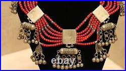 Antique museum Yemenite Tibetan silver Necklace coral Bead's Tribal with coin