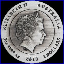 Australian KOOKABURRA 2018 2oz Silver High Relief RIMLESS Antiqued $2 Coin