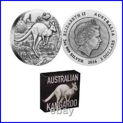 Australian Kangaroo 2016 $2 Dollars 2oz Pure Silver High Relief Antiqued Coin
