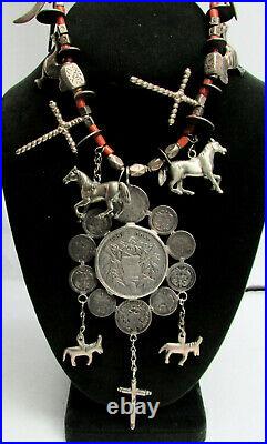 Best Antique Guatemala Chachales Sterling Silver Coin & Coral Necklace