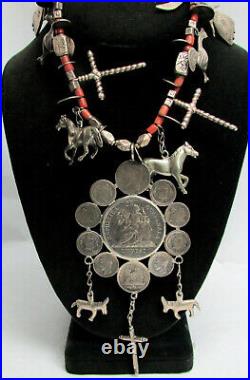 Best Antique Guatemala Chachales Sterling Silver Coin & Coral Necklace