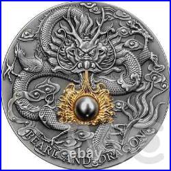 Black Pearl and Dragon Divine Pearls 2oz Antique finish Silver Coin 5$ Niue 2023