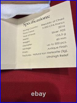 Brenham Meteorite Meteorite Art 5 oz Antique finish Silver Coin CFA Chad 2016