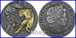 Bushido 2 oz Silver Coin Antiqued withGold Gilding Samurai Code Tigers 2021 Niue