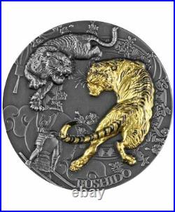 Bushido 2 oz Silver Coin Antiqued withGold Gilding Samurai Code Tigers 2021 Niue