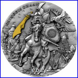 CHINGGIS KHAAN 2019 2 oz Pure Silver High Relief Antique Finish Coin NIUE