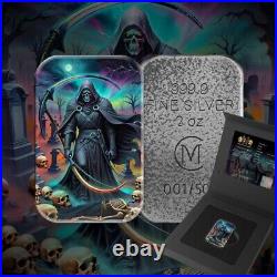 Carpathian Grim Reaper 2 oz. 999 Silver Antiqued Colorized Cast Bar Box with COA