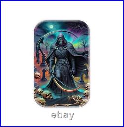 Carpathian Grim Reaper 2 oz. 999 Silver Antiqued Colorized Cast Bar Box with COA