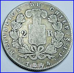 Chile 1844 IJ Santiago 2 Real Antique Chilean Currency Old Money Un Reales Coin