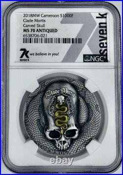 Clade Mortis Carved Skull 2018 MW Cameroon 1 oz Silver Coin NGC MS 70 Antiqued