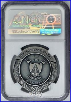 Clade Mortis Carved Skull 2018 MW Cameroon 1 oz Silver Coin NGC MS 70 Antiqued