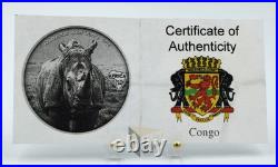 Congo 2012 Rhinoceros Africa 1 Oz Antique Finish Silver Coin