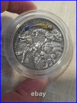 David and Goliath 2oz Antique finish Silver Coin 10 Cedis Republic of Ghana 2022