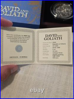 David and Goliath 2oz Antique finish Silver Coin 10 Cedis Republic of Ghana 2022