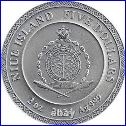 Dazhbog Divine Faces of the Sun 2024 $5 3 oz Antique Finish Silver Coin Niue