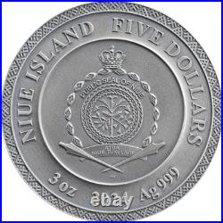 Dazhbog Divine Faces of the Sun 3 oz Antique finish Silver Coin 5$ Niue 2024