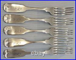Five Clark & Co. American Coin Silver Dinner Forks, Fiddle Pattern