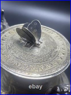 Gorham Antique Coin Silver Aesthetic Movement Butterfly & Bird 3 Piece Tea Set