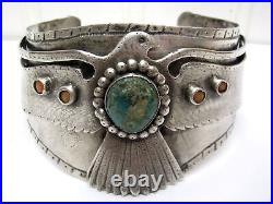 HUGE Thunderbird Antique PRE Harvey Navajo Coin Silver TURQUOISE CORAL BRACELET