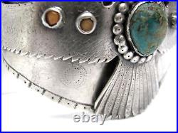 HUGE Thunderbird Antique PRE Harvey Navajo Coin Silver TURQUOISE CORAL BRACELET