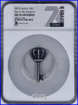Key To My Kingdom 2023 Cook Is $5 1 Oz. 999 Silver Key Shape NGC MS 70 Antiqued