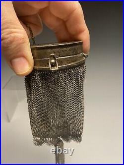 Large Enameled Art Deco Silver & Silverplate Mesh Coin Purse & Compact