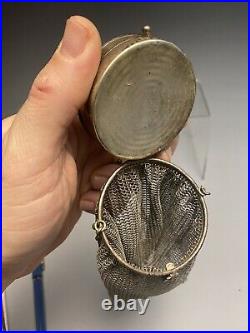 Large Enameled Art Deco Silver & Silverplate Mesh Coin Purse & Compact